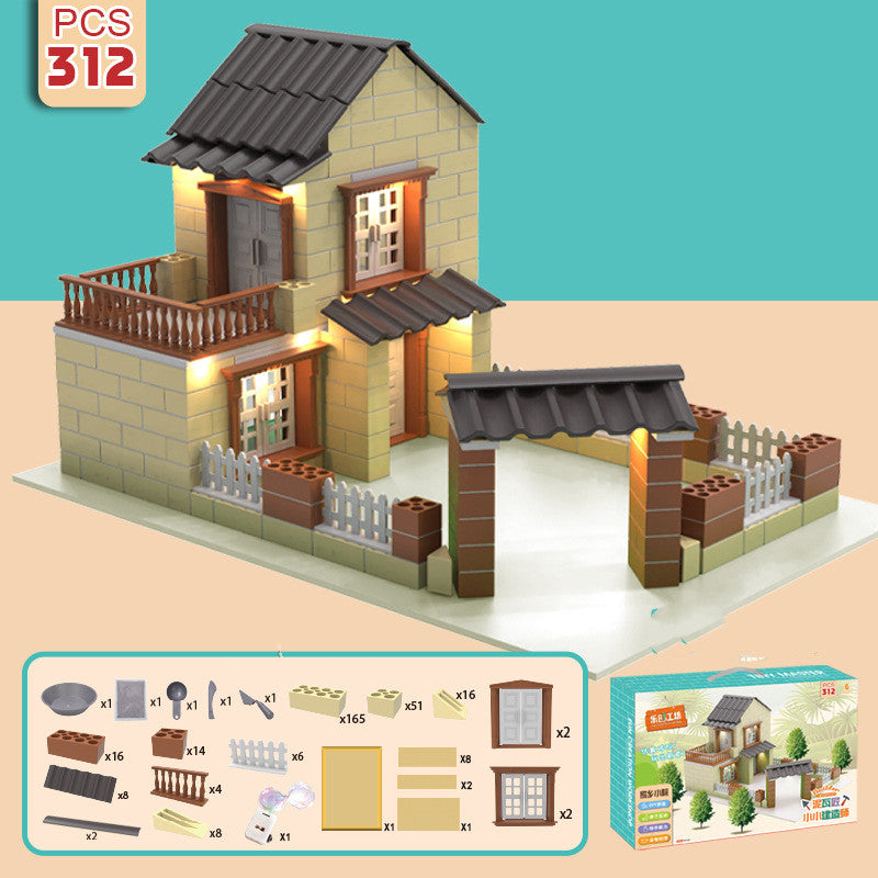 Children Build A House Bricks Assembled Toys