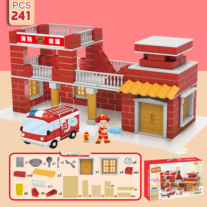 Children Build A House Bricks Assembled Toys