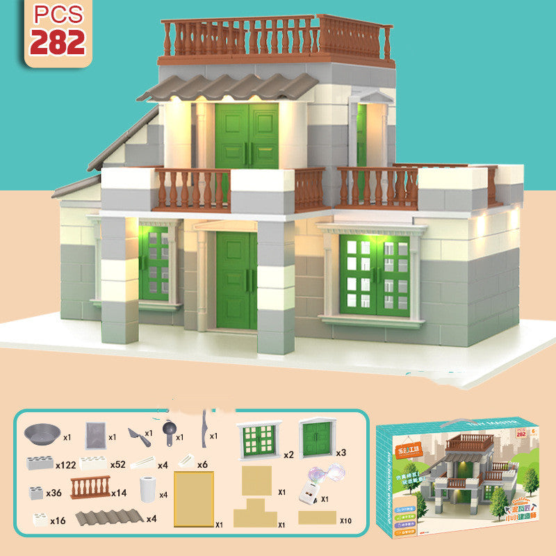 Children Build A House Bricks Assembled Toys