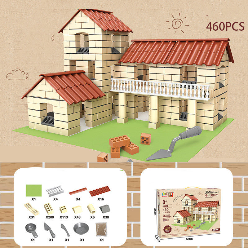 Children Build A House Bricks Assembled Toys